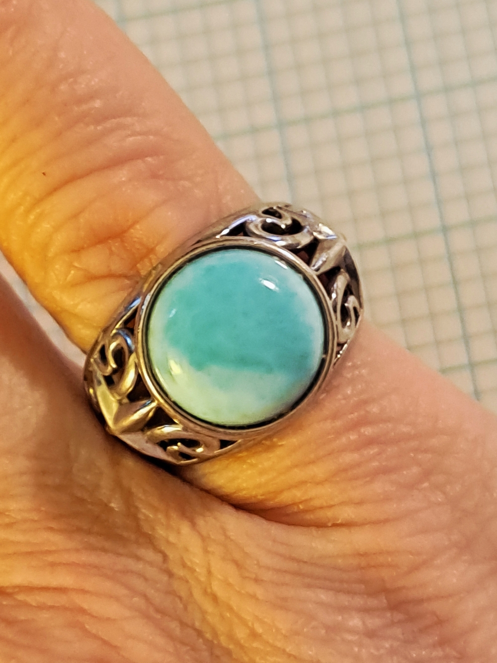 Rhodium Silver 925 Larimar Round Cabochon Stone Ring - Blue Green